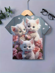 Cute Cats Graphic Short Sleeve T-shirt for Girls - Summer Gift