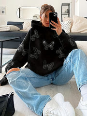 Butterfly Rhinestone Hoodie Long Sleeve Loose Sweatshirt
