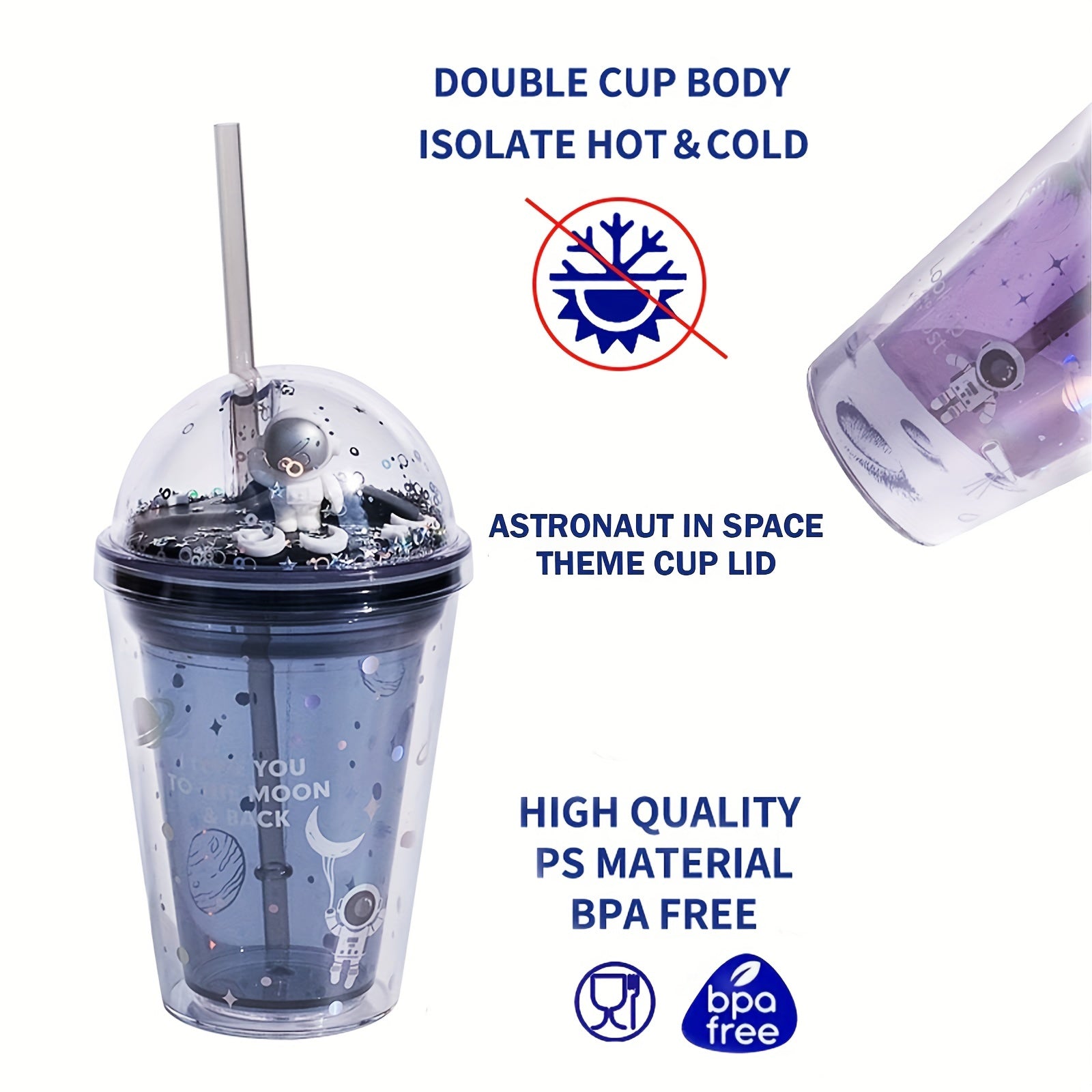 Space Cup 13oz Insulated Plastic with Lids Straws Hot Cold Drinks