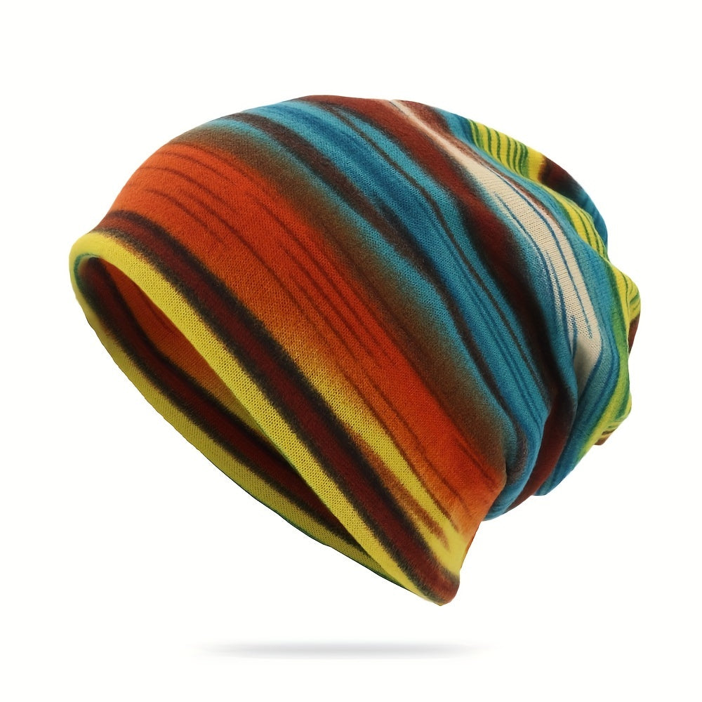 Striped Print Beanie Hip Hop Slouchy Knit Hat Soft Elastic Headwraps