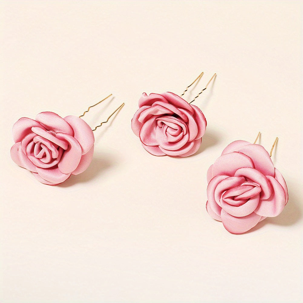 3pcs Rose Hair Pin Bridal Head Accessories U Shaped Hairpin