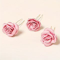 3pcs Rose Hair Pin Bridal Head Accessories U Shaped Hairpin