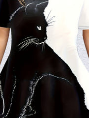 Colorblock Cat Print Top & Leggings Set