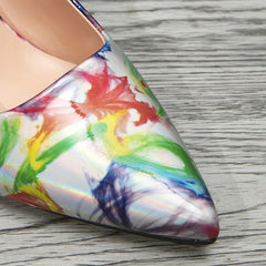 Printed Block Heels Pointed Toe Slip On Pumps