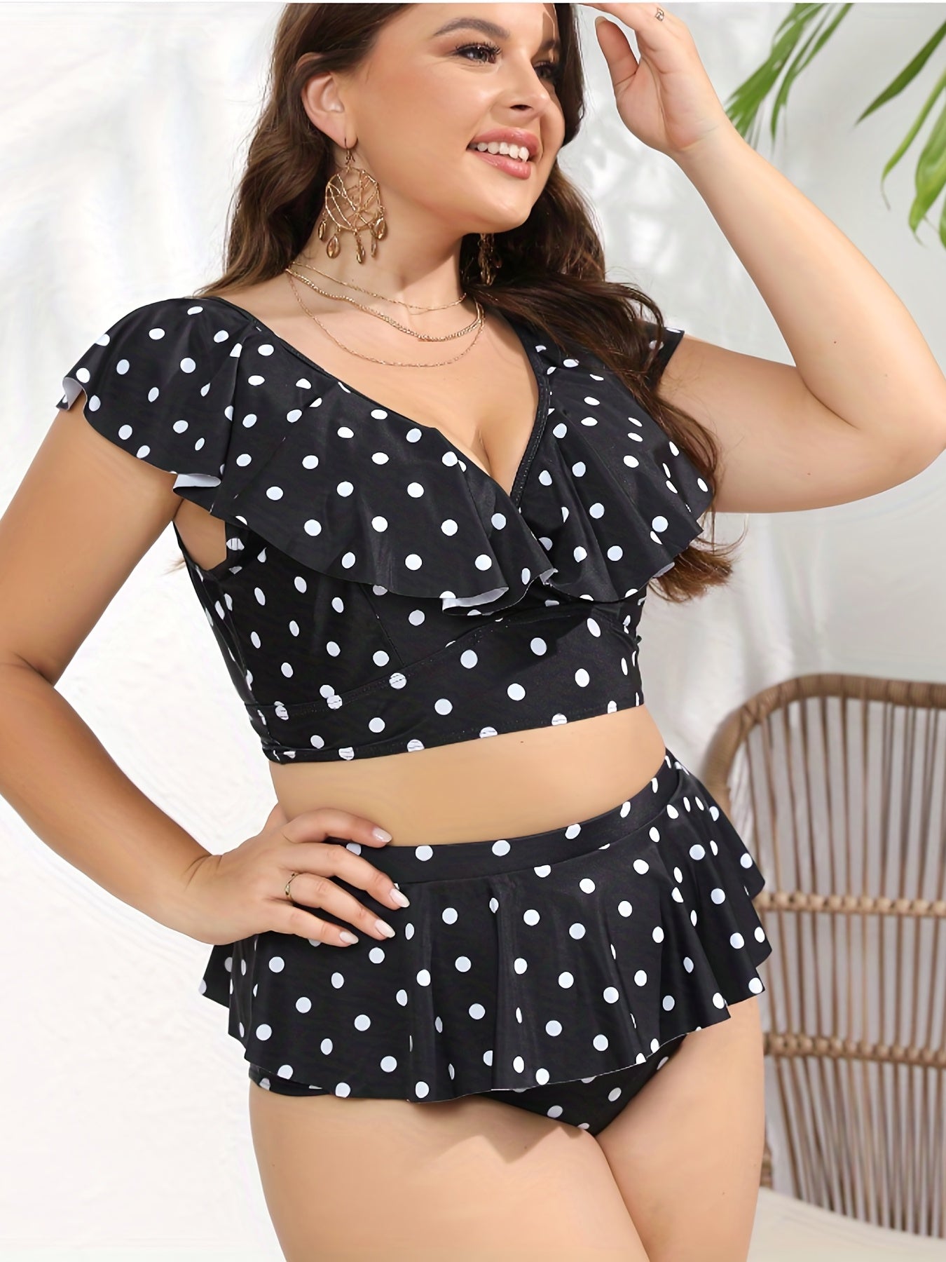 Retro Tankini Set Women's Plus Polka Dot Print Ruffle Trim