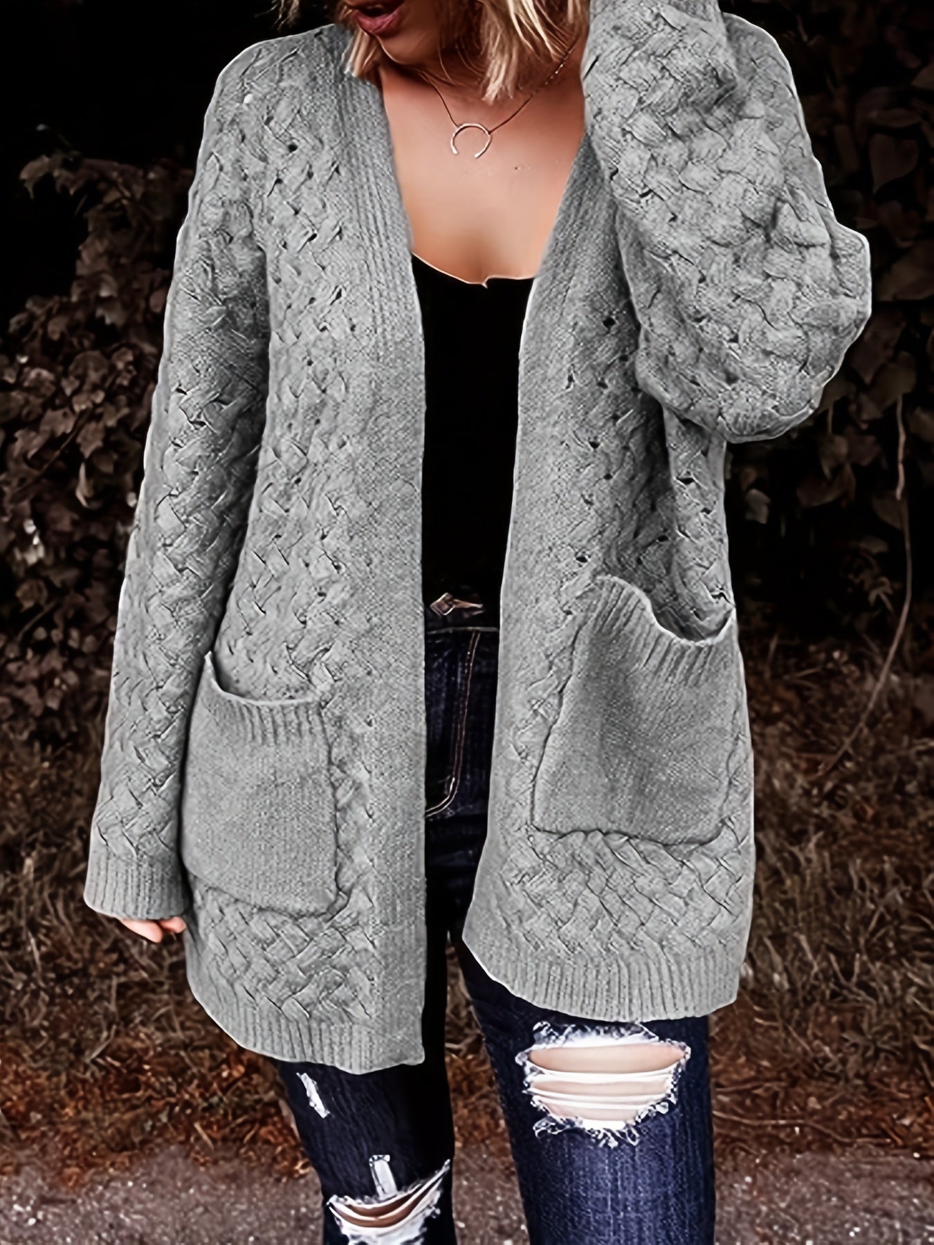 Solid Textured Pointelle Long Sleeve Knit Cardigan