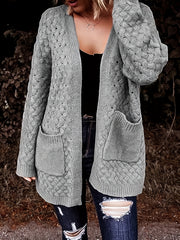 Solid Textured Pointelle Long Sleeve Knit Cardigan