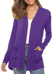 Solid Long Sleeve Open Front Cardigan With Pockets