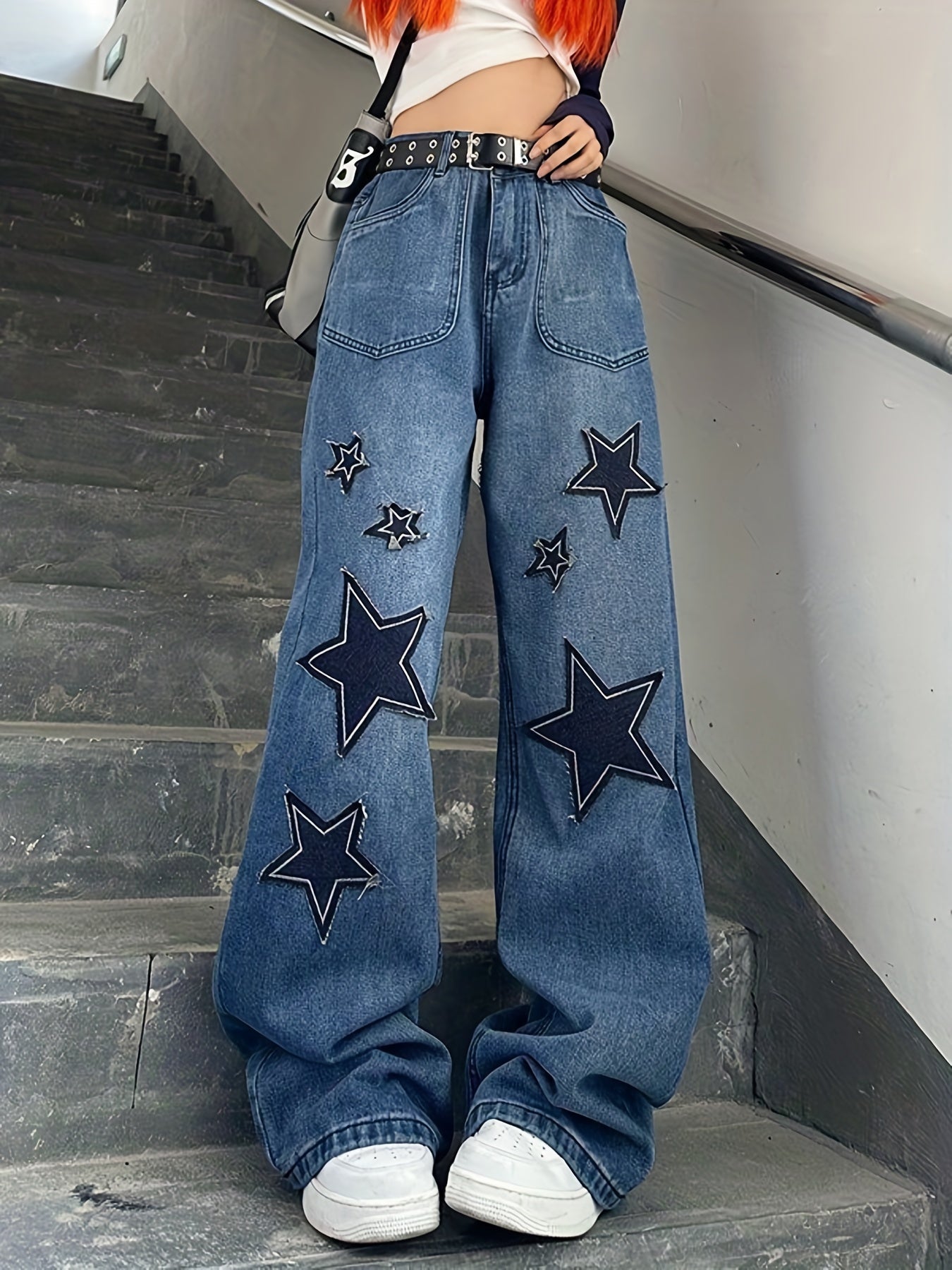 Star Patch Baggy Loose Boyfriend Jeans Dark Wash Zipper Button Closure