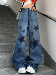 Star Patch Baggy Loose Boyfriend Jeans Dark Wash Zipper Button Closure
