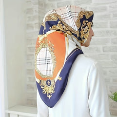 Navy Silk Square Scarf Plaid Large Shawl Women Headwrap Hair Accessories