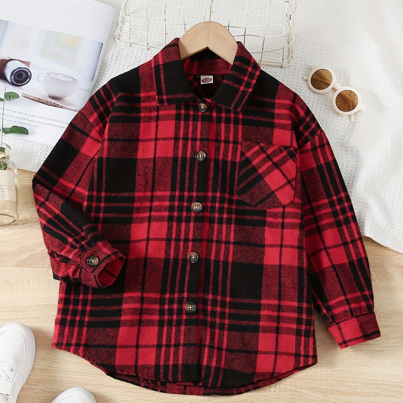 Boys Flannel Jacket Plaid Long Sleeve Lapel Button Down Shirt