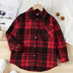 Boys Flannel Jacket Plaid Long Sleeve Lapel Button Down Shirt