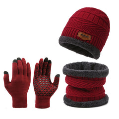 Winter Velvet Lining Knitted Hat Scarf Gloves Set Touch Screen Thermal Gloves