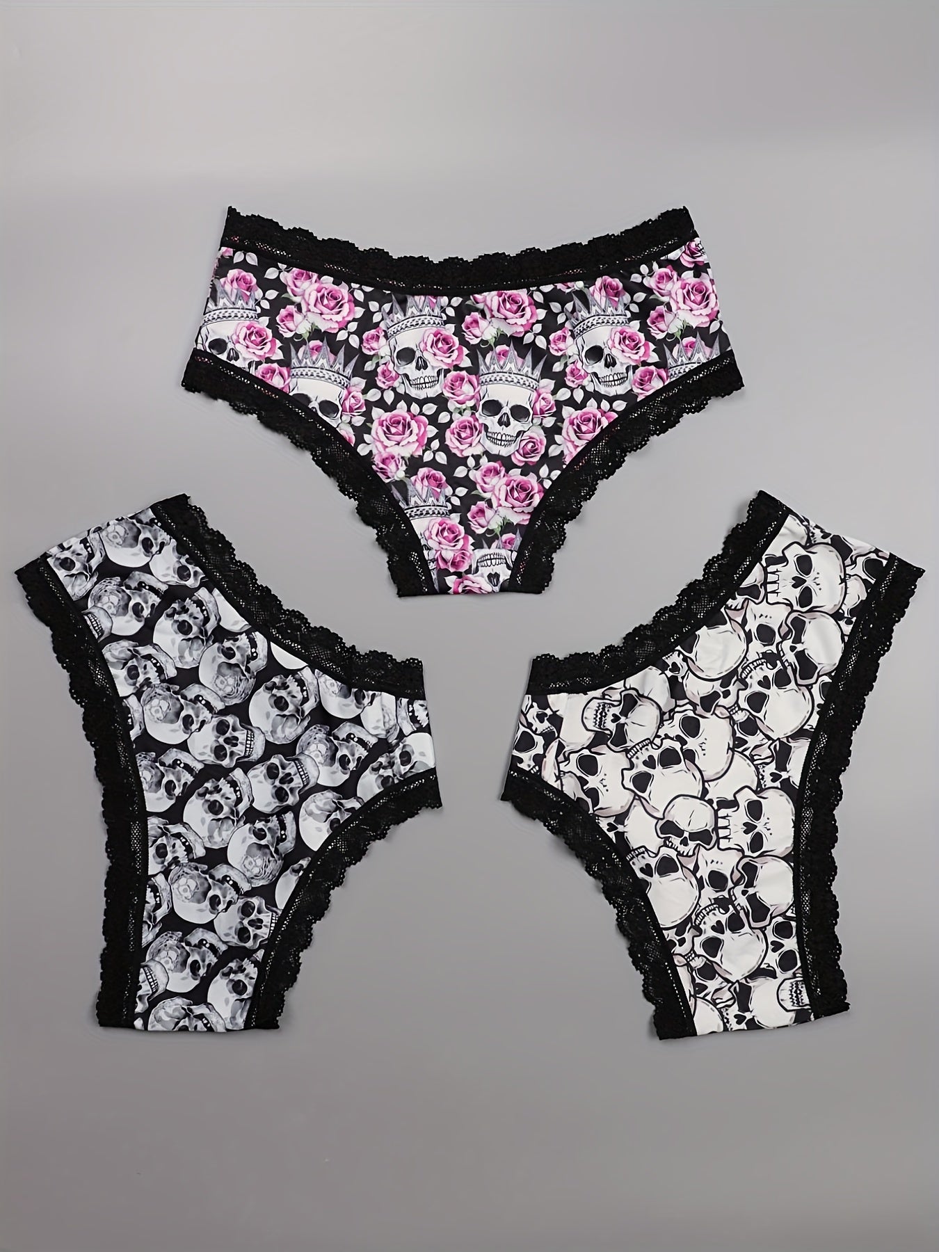 3 Pack Plus Size Gothic Skull & Rose Print Lace Trim Panties Set