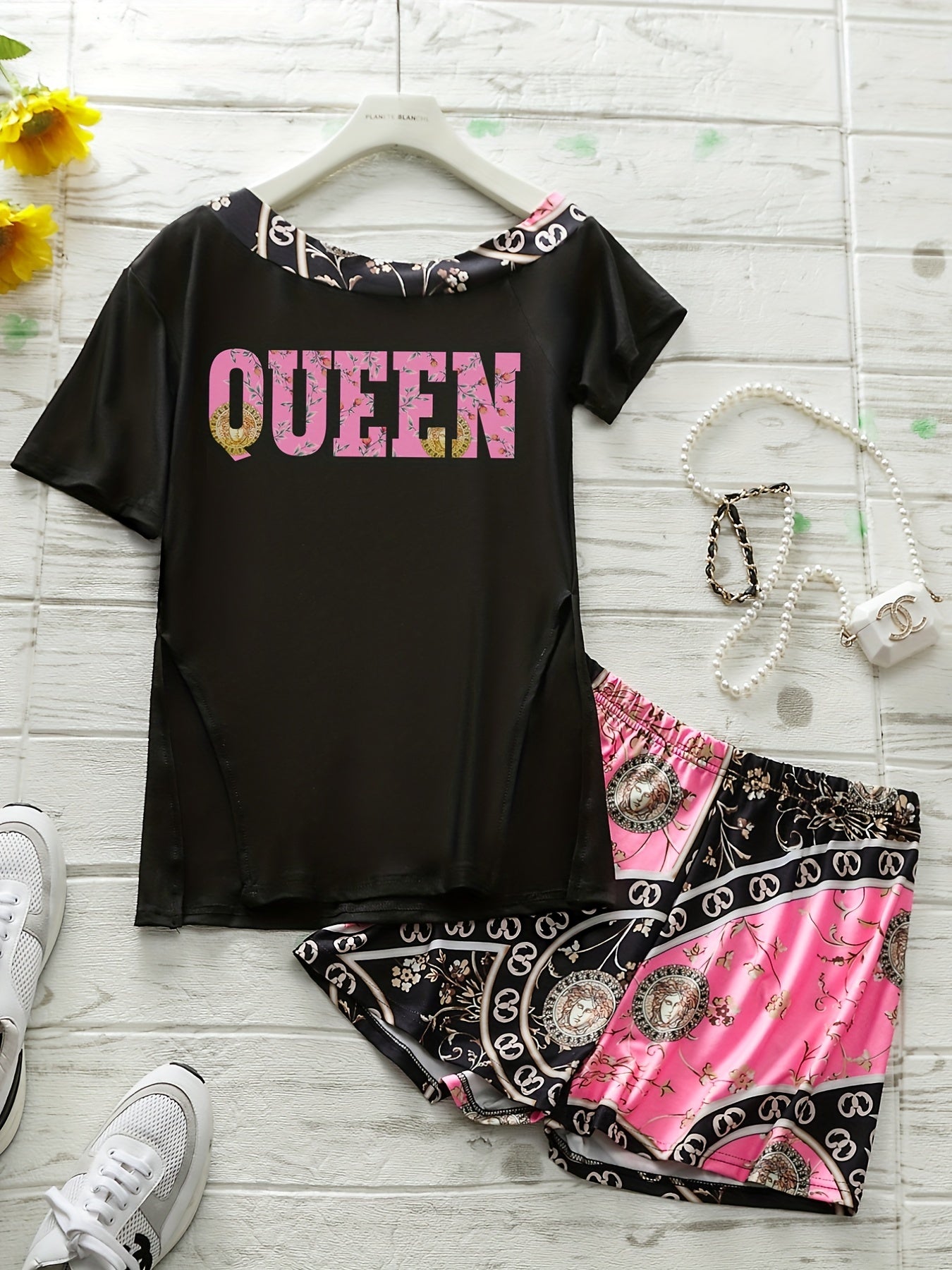 Letter Print Tee & Printed Shorts Set