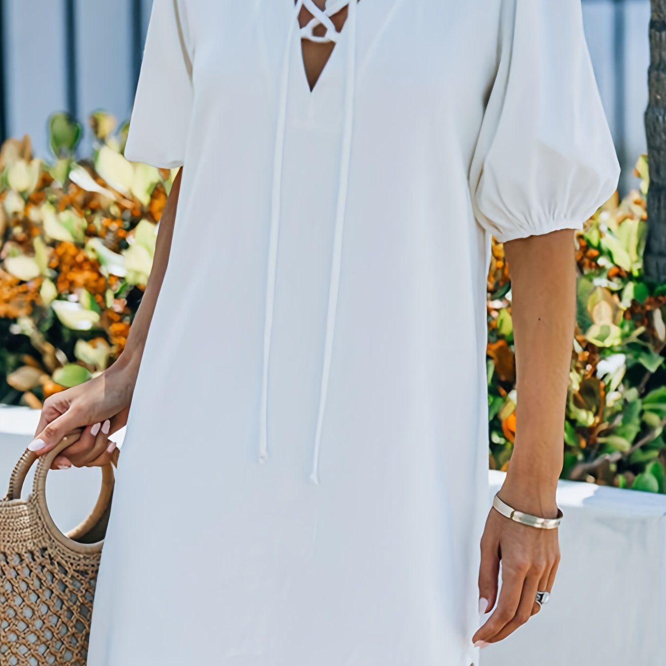 Lace Up Bubble Sleeve V Neck Layered Dress