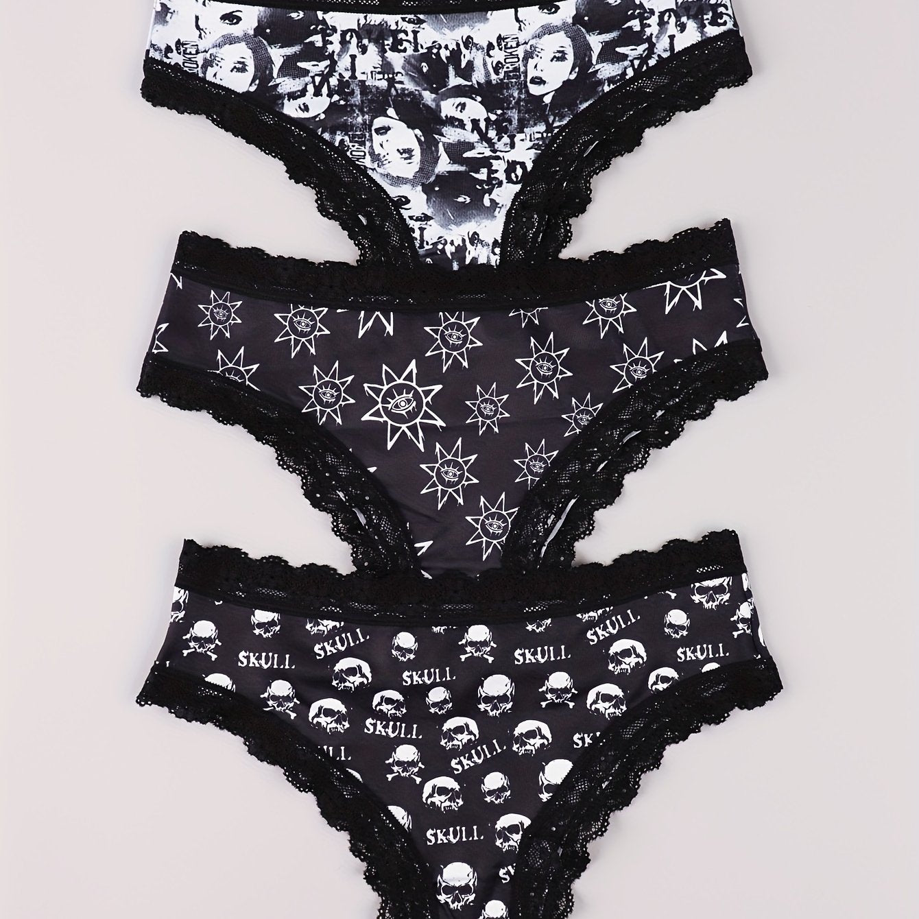 3 Pack Plus Size Gothic Panties Set Women's Plus Skull & Eyeball Sun Print Lace