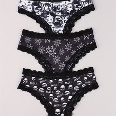 3 Pack Plus Size Gothic Panties Set Women's Plus Skull & Eyeball Sun Print Lace