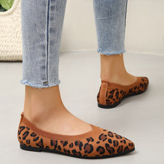 Leopard Pattern Ballet Shoes Pointed Toe Knitting Flat Slip On Shoes