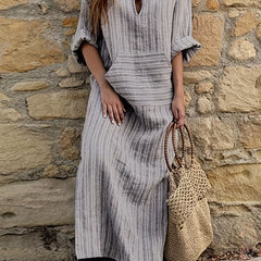 Stripe Print Loose Fit Maxi Dress with Pockets