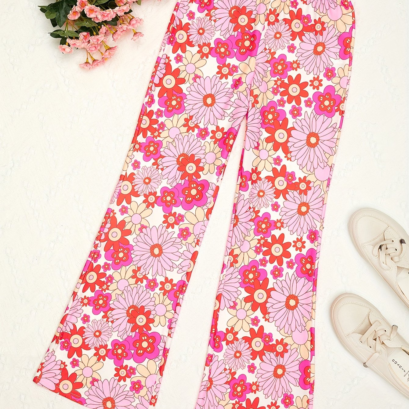 Girls Floral Flared Pants Elastic Waist Slim Fit Casual Bell Bottom
