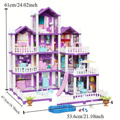 13-Room Dollhouse Villa Pink/Purple 3-Level Toy House Durable Plast