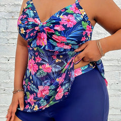 Vacay Tankini Set Floral Print Ruched Tie Front Top & Shorts Swimsuit