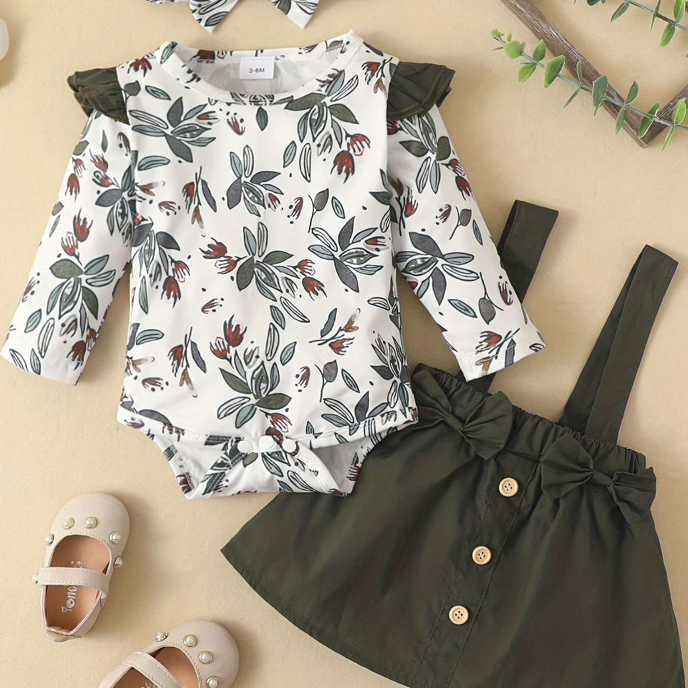 3PCS Baby Floral Print Romper & Suspender Dress Set