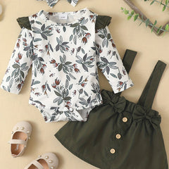 3PCS Baby Floral Print Romper & Suspender Dress Set
