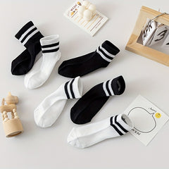 5pairs Kids Striped Breathable Sports Socks For Spring Summer