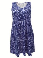 Casual Tank Dress Women's Plus Allover Print Round Neck Medium Stretch