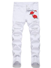 Boys Rose Print Ripped Jeans Denim Pants for Spring and Autumn