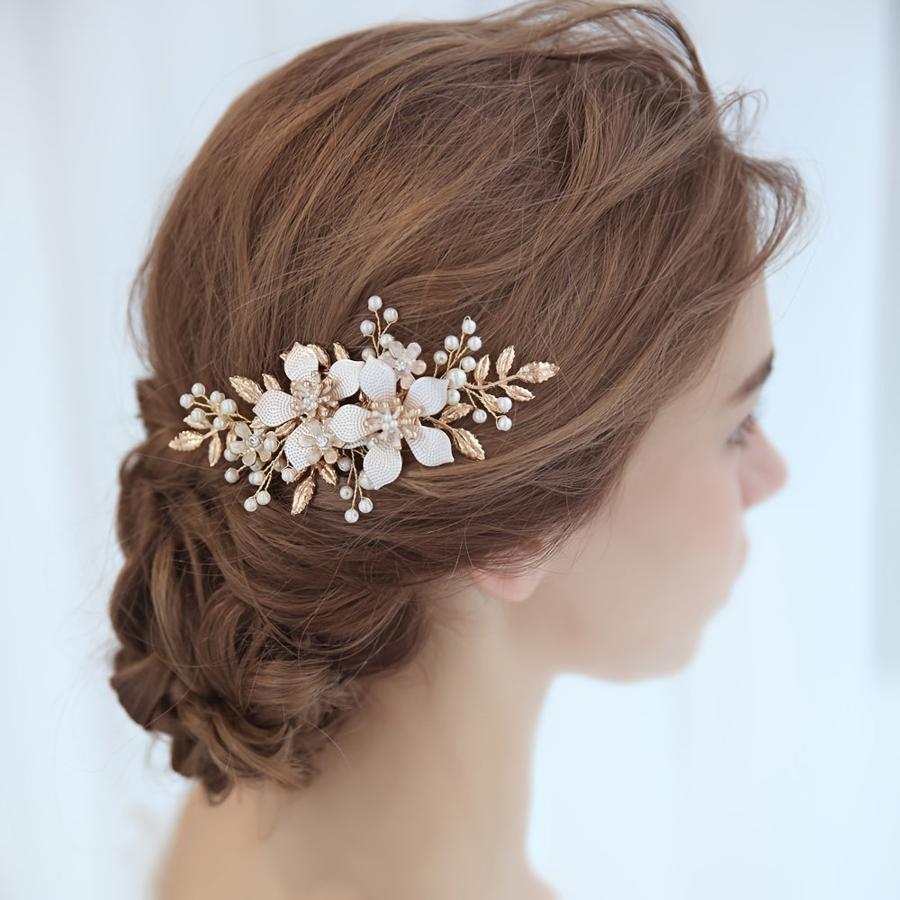 Golden Pearl Flower Hair Comb Wedding Hair Accessories
