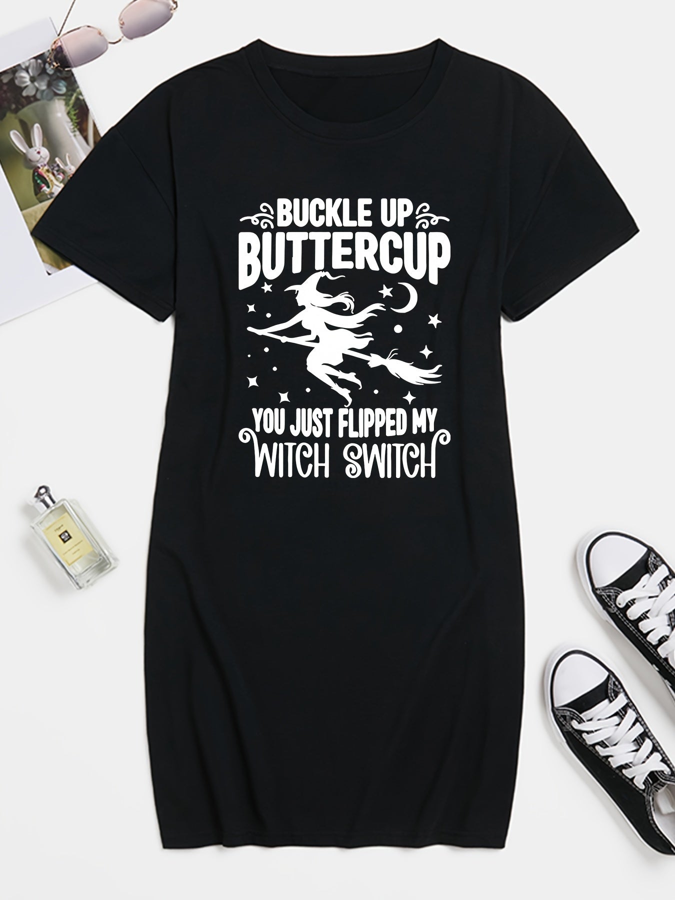 Halloween Casual Dress Women's Plus Slogan & Witch Print Tee Dress