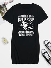 Halloween Casual Dress Women's Plus Slogan & Witch Print Tee Dress