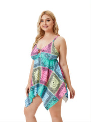Tropical Cut Out Knot Front Tankini Set