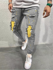 Paint Splatter Ripped Slim Fit Jeans Men's Casual High Stretch Denim Pants