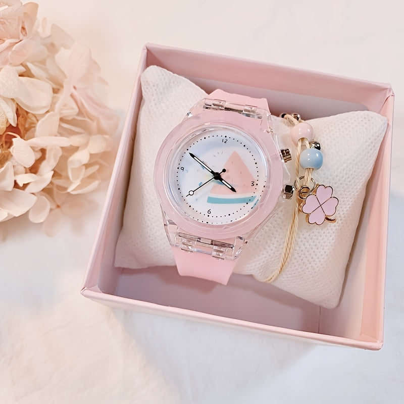 Colorful Glow Silicone Quartz Watch & Four leaf Clover Pendant