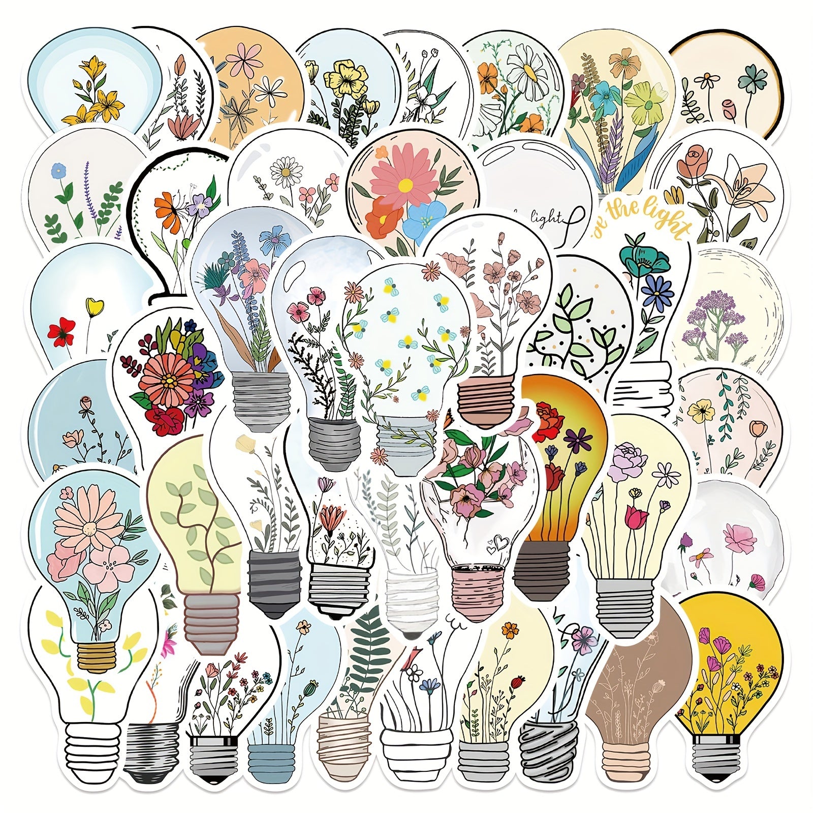 50 Cartoon Light Bulbs Flowers Graffiti Stickers DIY Waterproof Stickers