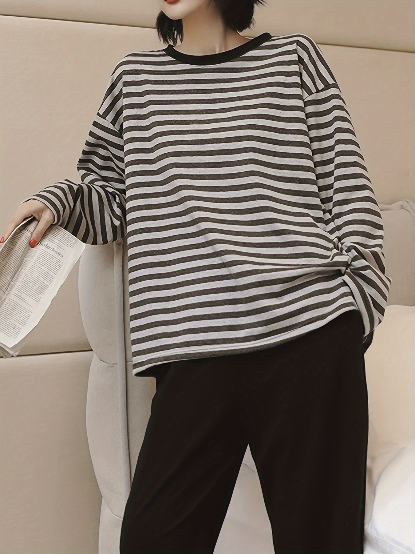 Striped Print Pajama Set Long Sleeve Top & Pants