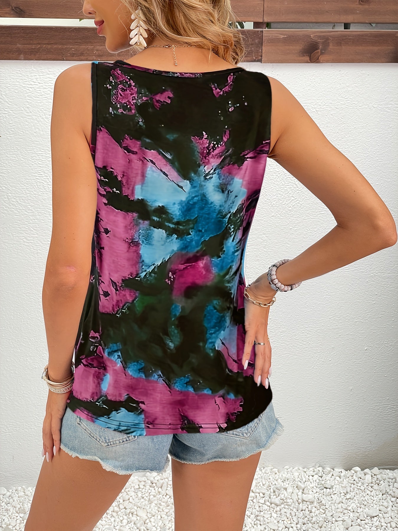 Boho Tie Dye Notched Neck Tank Top Sleeveless Tops Women's Clothing