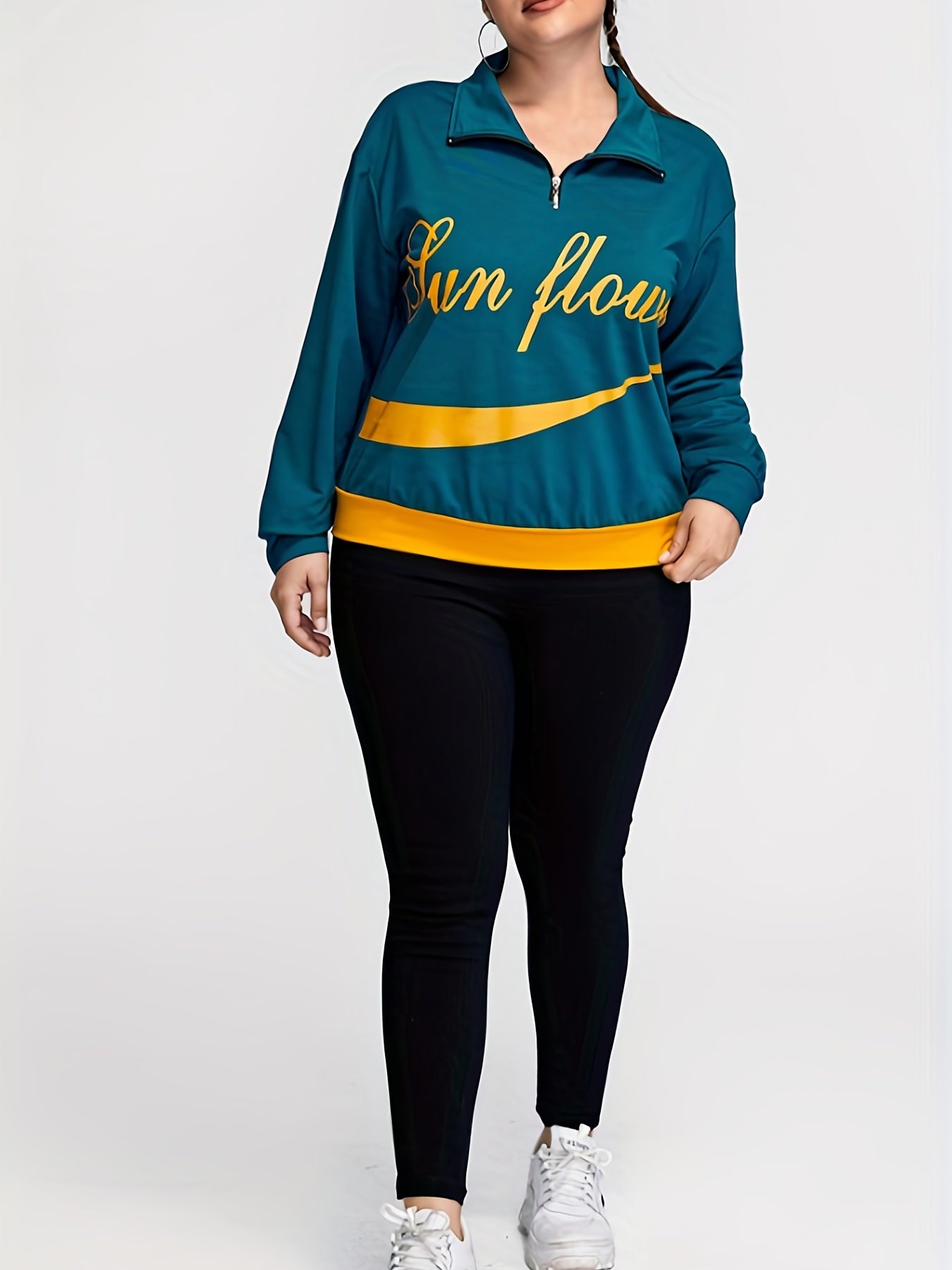 Women's Plus Size Retro Sports Top - Letter Print Long Sleeve Zipper Collar Top