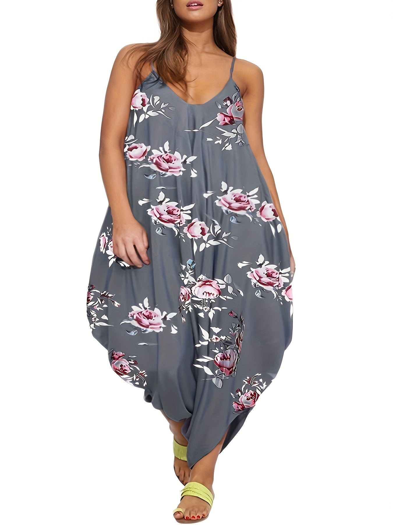 Women's Plus Floral Print V Neck Cami Jumpsuit