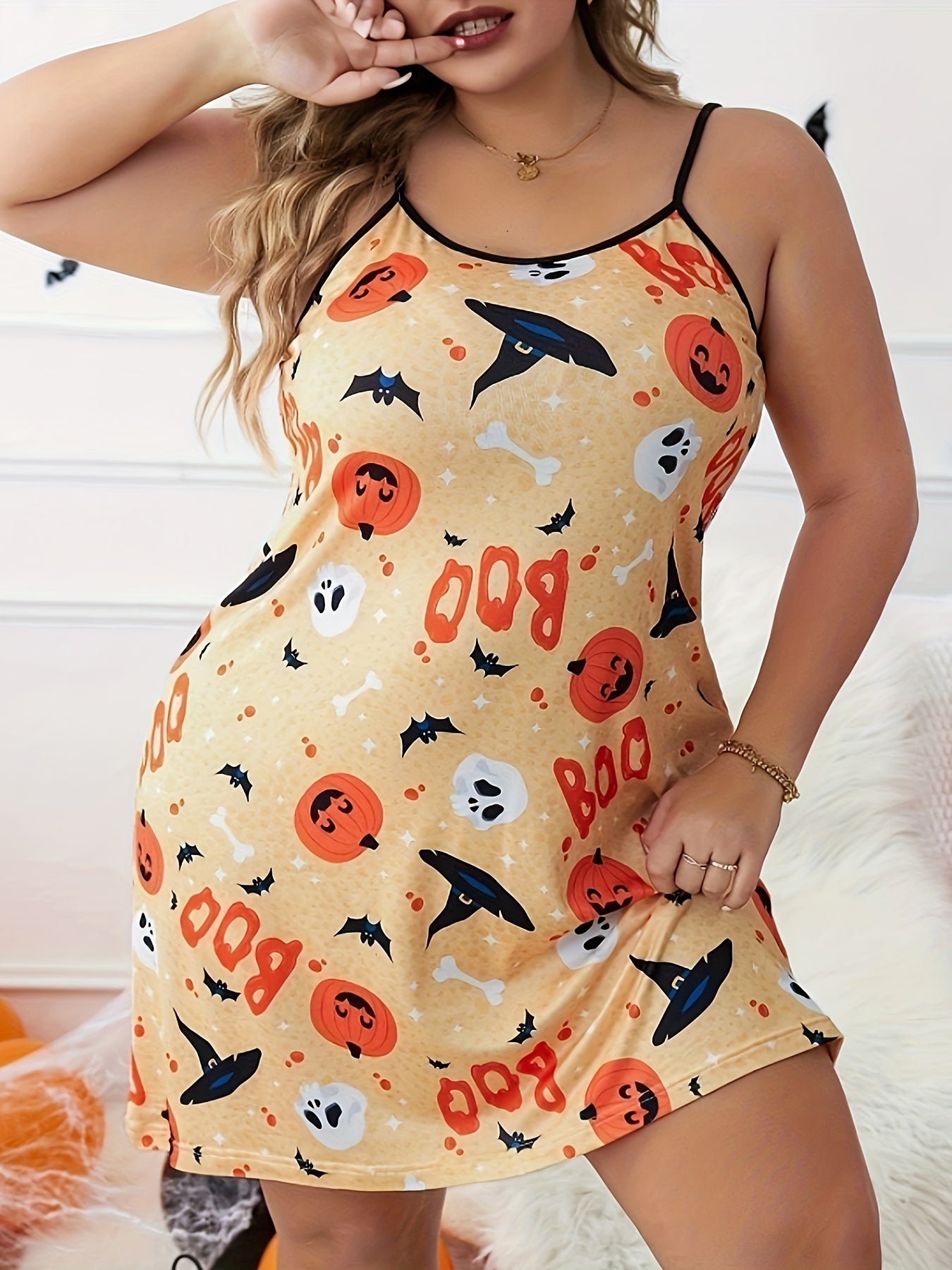 Halloween Witch Print Nightdress with Witch Hat