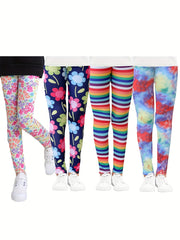 4 Pack Girls Striped Floral Leggings Stretch Sport Pants