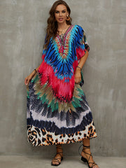 Feather Leopard Print Plus Size Boho Cover Up V Neck Tie Front