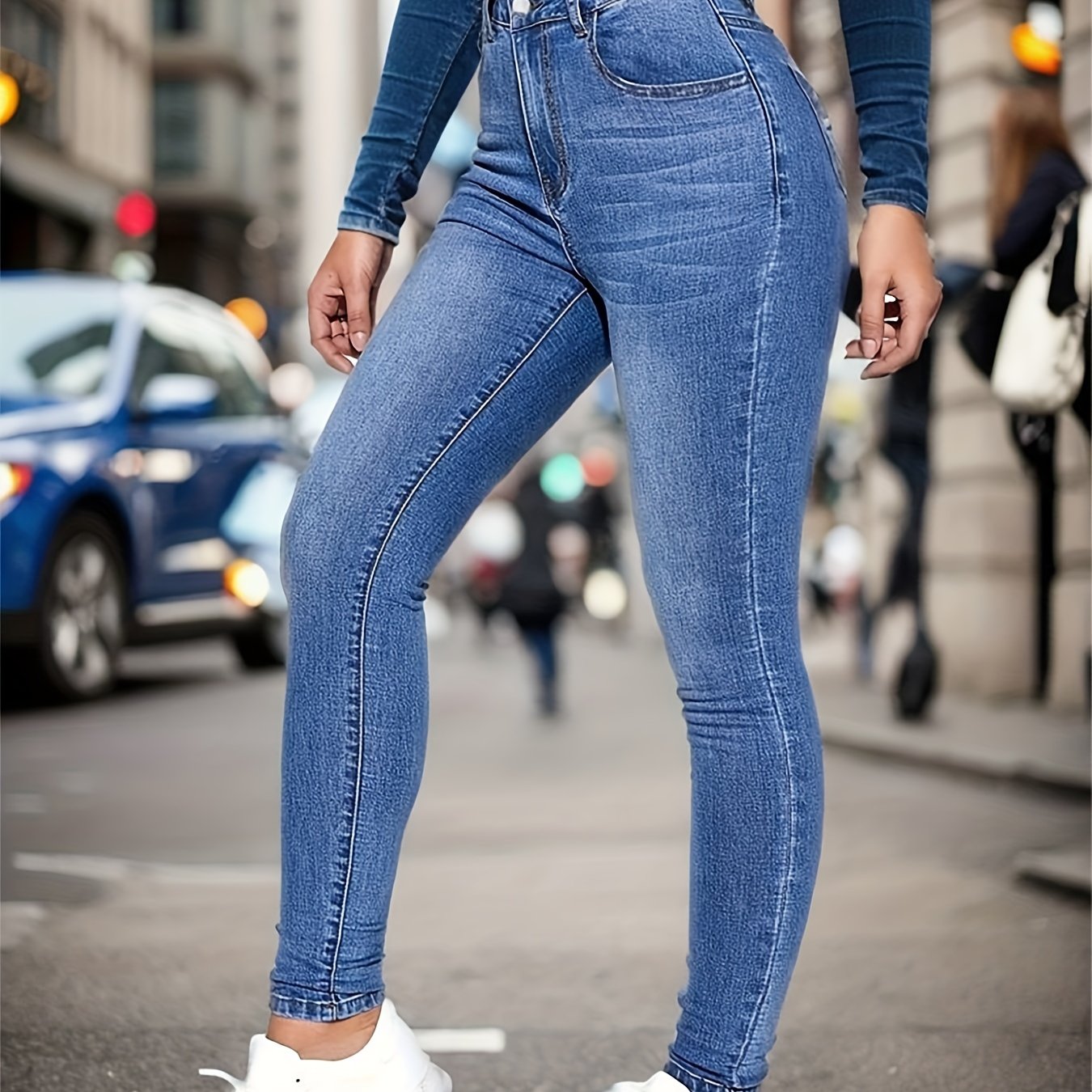 Stretchy Whiskering Skinny Jeans Medium High Rise Slash Pocket Denim Pants
