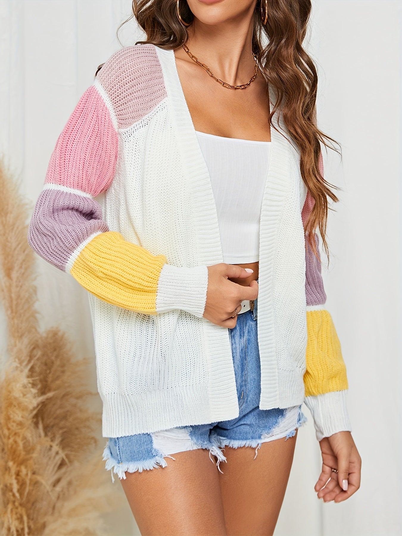 Block Knit Cardigan Open Front Lantern Sleeve Casual Sweater For Winter