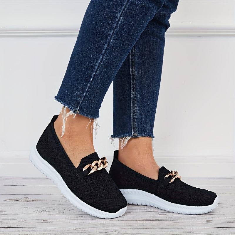 Women's Knitted Sock Sneakers Metallic Chain Slip On Low Top Flat Shoes